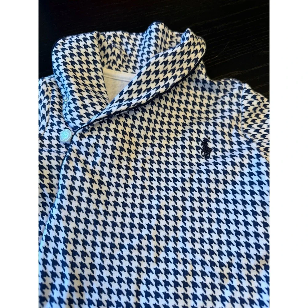 Ralph Lauren Footie Navy White Houndstooth Shawl Collar Pony Logo Sleeper 9M